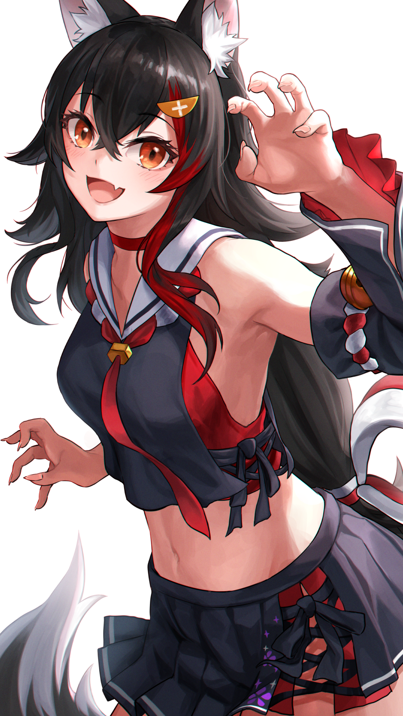 1girl :d animal_ear_fluff animal_ears arm_up armpit_peek bell black_hair black_shirt black_skirt breasts choker claw_pose commentary cowboy_shot deca_purio detached_sleeves fang fingernails hair_between_eyes hair_ornament hairclip highres hololive jingle_bell long_hair looking_at_viewer low-tied_long_hair medium_breasts neckerchief ookami_mio open_mouth orange_eyes pleated_skirt red_choker red_neckwear rope sailor_collar sailor_shirt sharp_fingernails shimenawa shirt simple_background skin_fang skirt sleeveless sleeveless_shirt smile solo standing tail very_long_hair white_background white_sailor_collar wolf_ears wolf_girl wolf_tail