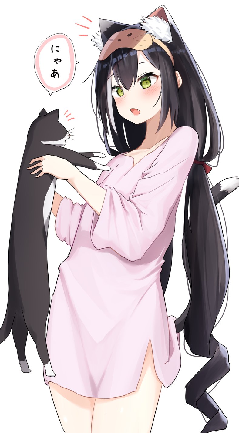 1girl animal animal_ears bangs black_hair blush cat cat_ears cat_girl cat_tail collarbone drill_hair eyebrows_visible_through_hair fang flat_chest from_side hair_between_eyes hands_up highres holding holding_animal holding_cat karyl_(princess_connect!) long_hair long_sleeves no_pants open_mouth pajamas piyomi princess_connect! princess_connect!_re:dive sidelocks sleep_mask solo speech_bubble standing tail thighs white_background white_pajamas wide_sleeves yellow_eyes