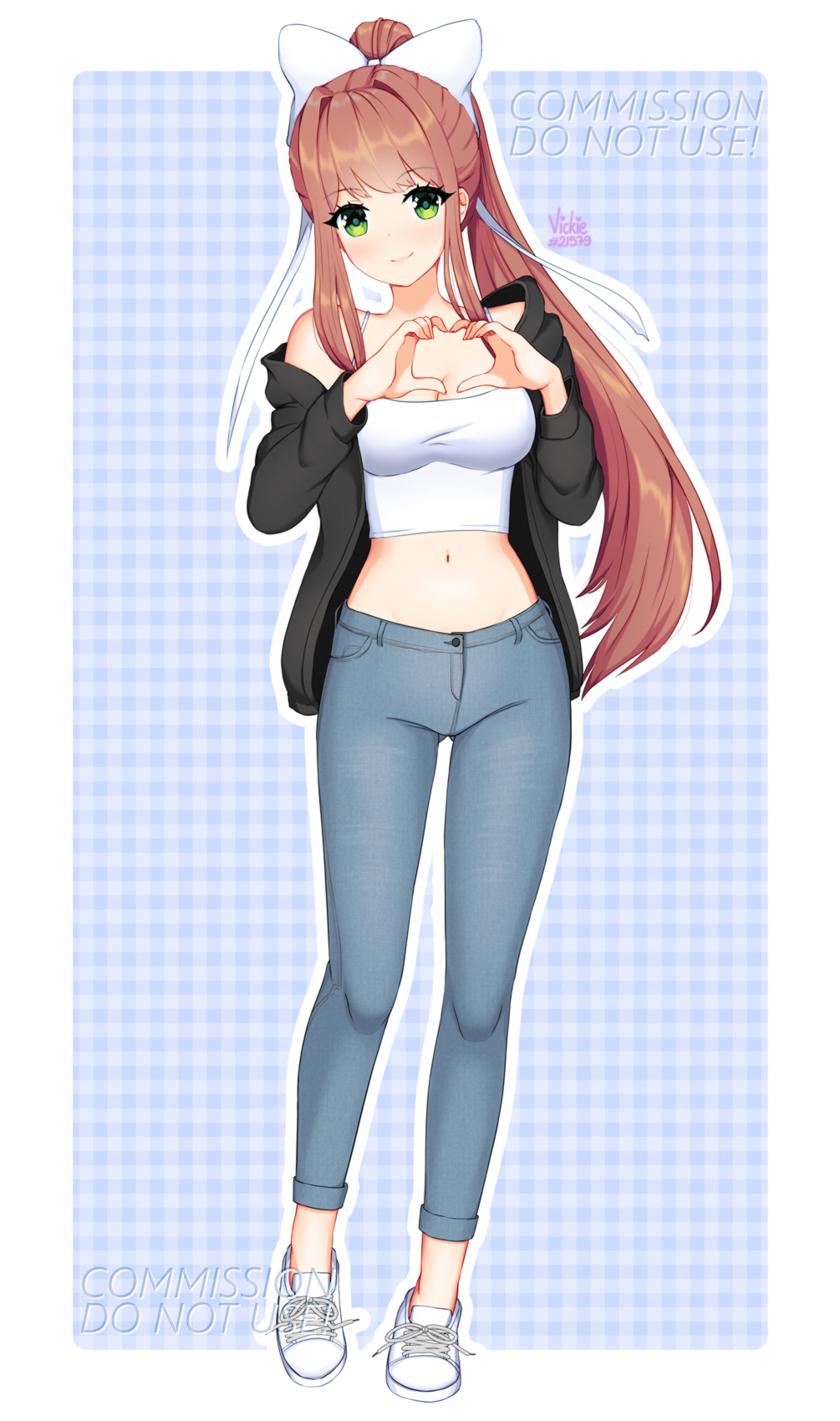 1girl alternate_costume black_jacket breasts brown_hair camisole casual commentary commission denim doki_doki_literature_club english_commentary english_text eyebrows_visible_through_hair full_body green_eyes hair_ribbon heart heart_hands highres jacket jeans large_breasts long_hair long_sleeves looking_at_viewer midriff monika_(doki_doki_literature_club) navel off_shoulder open_clothes open_jacket outline pants plaid plaid_background ponytail repost_notice ribbon simple_background smile solo spaghetti_strap standing very_long_hair vickie_(cryingrobot) white_camisole white_footwear white_outline white_ribbon