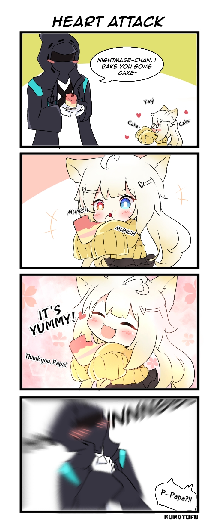 +++ 0_0 1girl 1other :d :t ^_^ animal_ear_fluff animal_ears arknights artist_name bangs black_jacket black_skirt blue_eyes blurry blush blush_stickers brown_sweater cake cake_slice cat_ears chibi closed_eyes commentary doctor_(arknights) eating english_commentary english_text eyebrows_visible_through_hair food fruit gloves hair_between_eyes heterochromia highres holding holding_food holding_plate hood hood_up hooded_jacket jacket kurotofu long_hair long_sleeves nightmare_(arknights) open_clothes open_jacket open_mouth plate pleated_skirt profile red_eyes shirt skirt sleeves_past_fingers sleeves_past_wrists smile spoon strawberry sweater white_gloves white_hair white_shirt