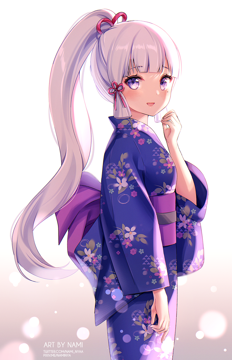 1girl :d artist_name bangs blue_kimono blush breasts commentary_request eyebrows_visible_through_hair floral_print from_side genshin_impact gradient gradient_background grey_background hand_up high_ponytail highres japanese_clothes kamisato_ayaka_(genshin_impact) kimono long_hair long_sleeves looking_at_viewer looking_to_the_side mole mole_under_eye nami_(nyaa) obi open_mouth ponytail print_kimono sash sidelocks silver_hair small_breasts smile solo very_long_hair violet_eyes watermark web_address white_background wide_sleeves yukata