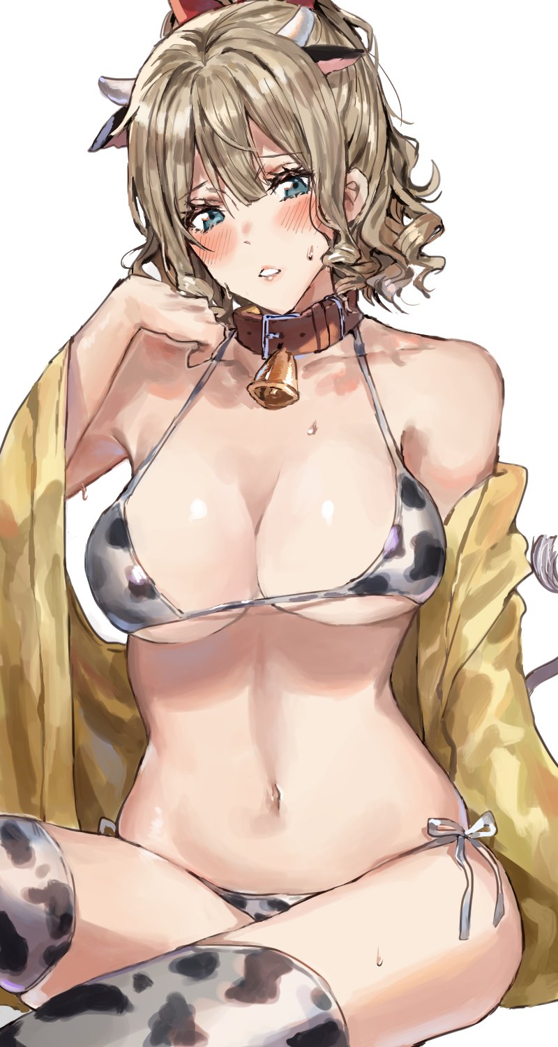 1girl amakaze animal_ears animal_print bell bikini blue_eyes blush breasts collarbone cow_ears cow_horns cow_print cow_tail cowbell drill_hair fake_horns furisode hair_between_eyes hatakaze_(kantai_collection) highres horns japanese_clothes kantai_collection kimono large_breasts light_brown_hair navel open_mouth ponytail short_hair side-tie_bikini simple_background solo swimsuit tail thigh-highs white_background white_bikini white_legwear