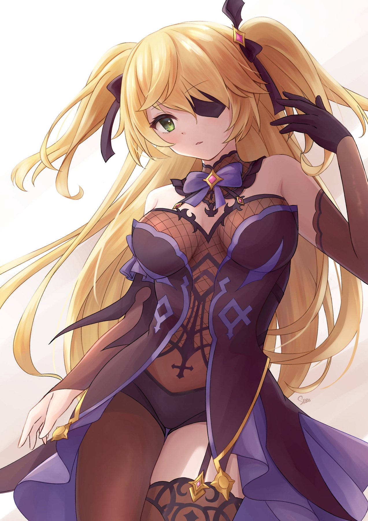 1girl bangs blonde_hair breasts closed_mouth eyebrows_visible_through_hair eyepatch fischl_(genshin_impact) genshin_impact green_eyes highres long_hair looking_at_viewer medium_breasts sebu_illust simple_background solo thigh-highs thighs twintails upper_body