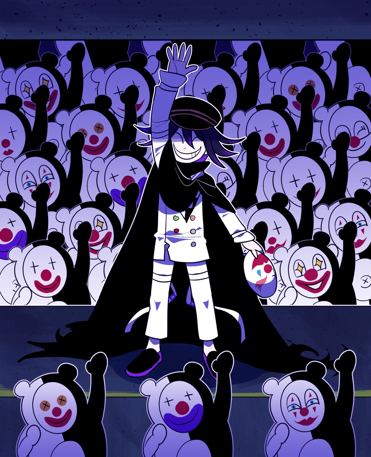 1boy arm_up bangs black_cape black_footwear black_headwear cape clown_mask commentary dangan_ronpa_(series) dangan_ronpa_v3:_killing_harmony dice_members_(dangan_ronpa) furukawa_(yomawari) grin hair_between_eyes hat highres holding holding_mask jacket long_sleeves looking_at_viewer male_focus mask monokuma ouma_kokichi pants shoes smile standing stuffed_animal stuffed_toy teddy_bear torn_cape torn_clothes white_jacket white_pants