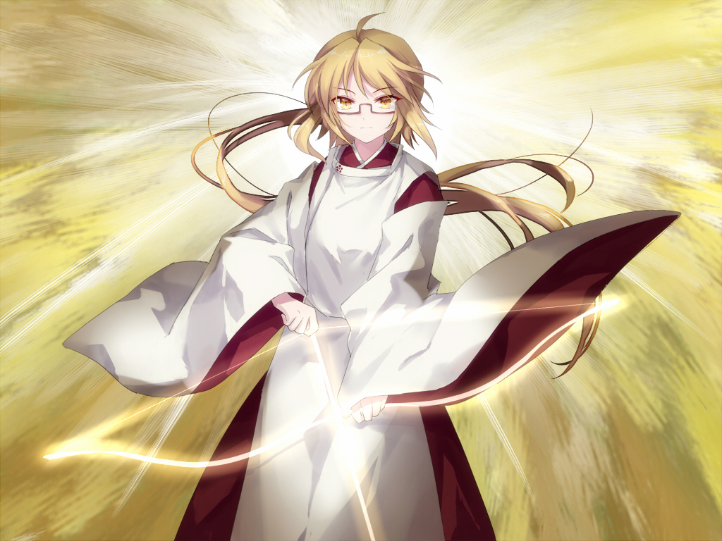 1girl akinomiya_asuka blonde_hair bow_(weapon) closed_mouth commentary_request cowboy_shot detached_sleeves glasses holding holding_bow_(weapon) holding_weapon japanese_clothes kimono long_hair looking_at_viewer magahara_mitama mystical_power_plant original ponytail rectangular_eyewear red_kimono solo touhou weapon white_sleeves wide_sleeves
