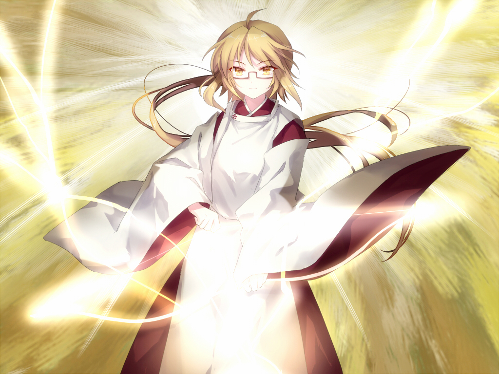 1girl akinomiya_asuka blonde_hair bow_(weapon) closed_mouth commentary_request cowboy_shot detached_sleeves glasses holding holding_bow_(weapon) holding_weapon japanese_clothes kimono long_hair looking_at_viewer magahara_mitama mystical_power_plant original ponytail rectangular_eyewear red_kimono solo touhou weapon white_sleeves wide_sleeves