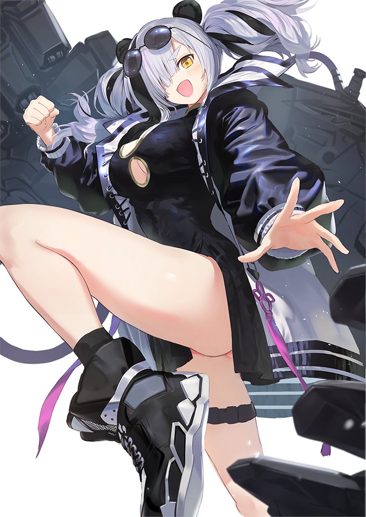 1girl arknights black_dress black_footwear black_hair black_jacket breasts china_dress chinese_clothes cleavage_cutout clothing_cutout dress eyewear_on_head feater_(arknights) hair_over_one_eye jacket large_breasts leg_belt leg_up long_sleeves looking_at_viewer mechanical_arms multicolored_hair open_clothes open_jacket open_mouth purple-tinted_eyewear round_eyewear shoes simple_background smile sneakers solo standing standing_on_one_leg streaked_hair sunglasses two-tone_hair two-tone_jacket wasabi60 white_background white_hair yellow_eyes