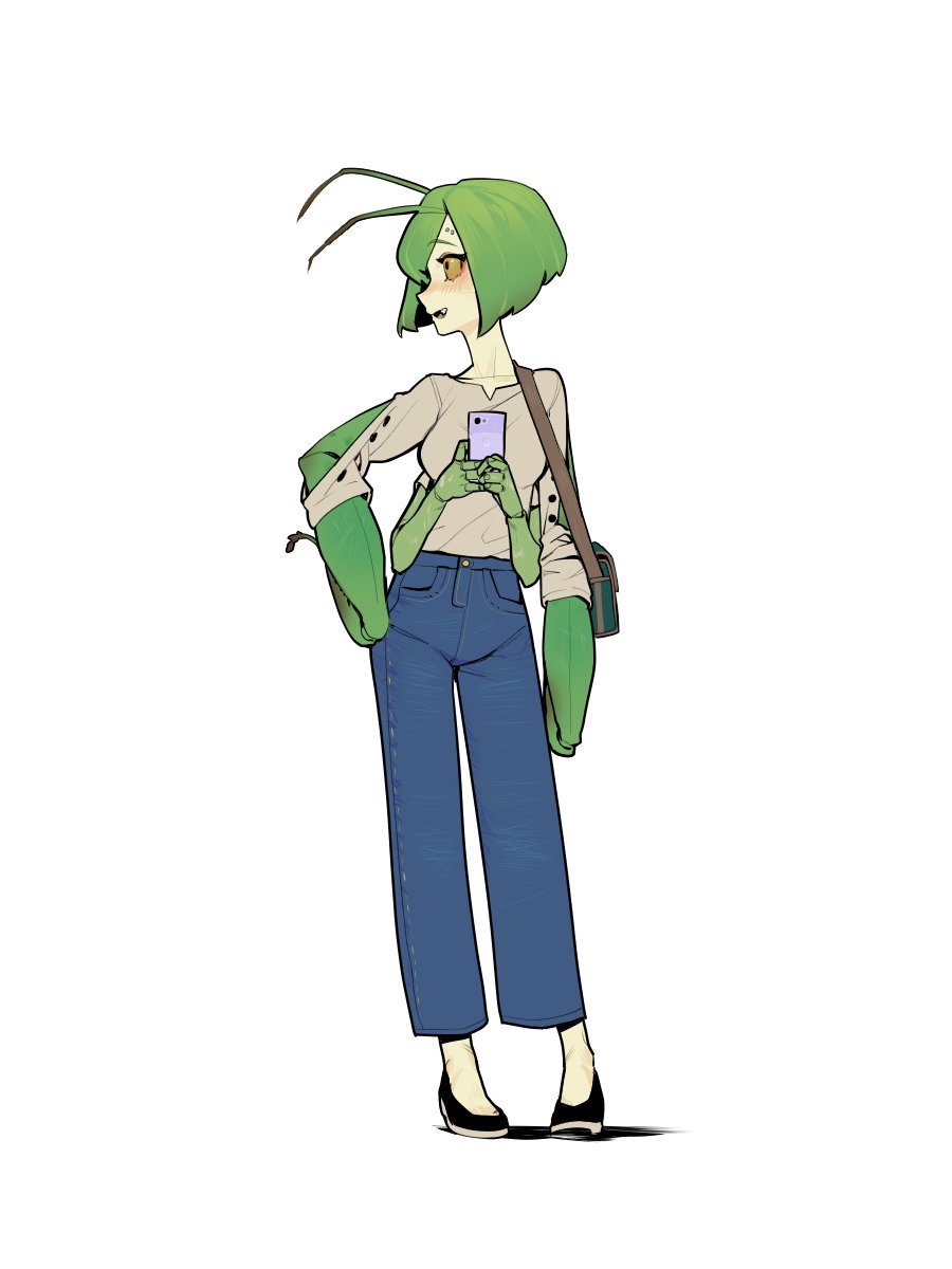 1girl :d antennae black_footwear blue_pants blush bob_cut cellphone colored_sclera colored_skin contrapposto denim extra_hands full_body green_hair grey_sweater hand_on_hip highres holding holding_phone inverted_bob jeans korean_commentary mantis-chan_(sparrowl) mantis_girl monster_girl open_mouth original pants phone pigeon-toed shoes short_hair simple_background smartphone smile solo sparrowl sweater white_background yellow_eyes yellow_sclera yellow_skin