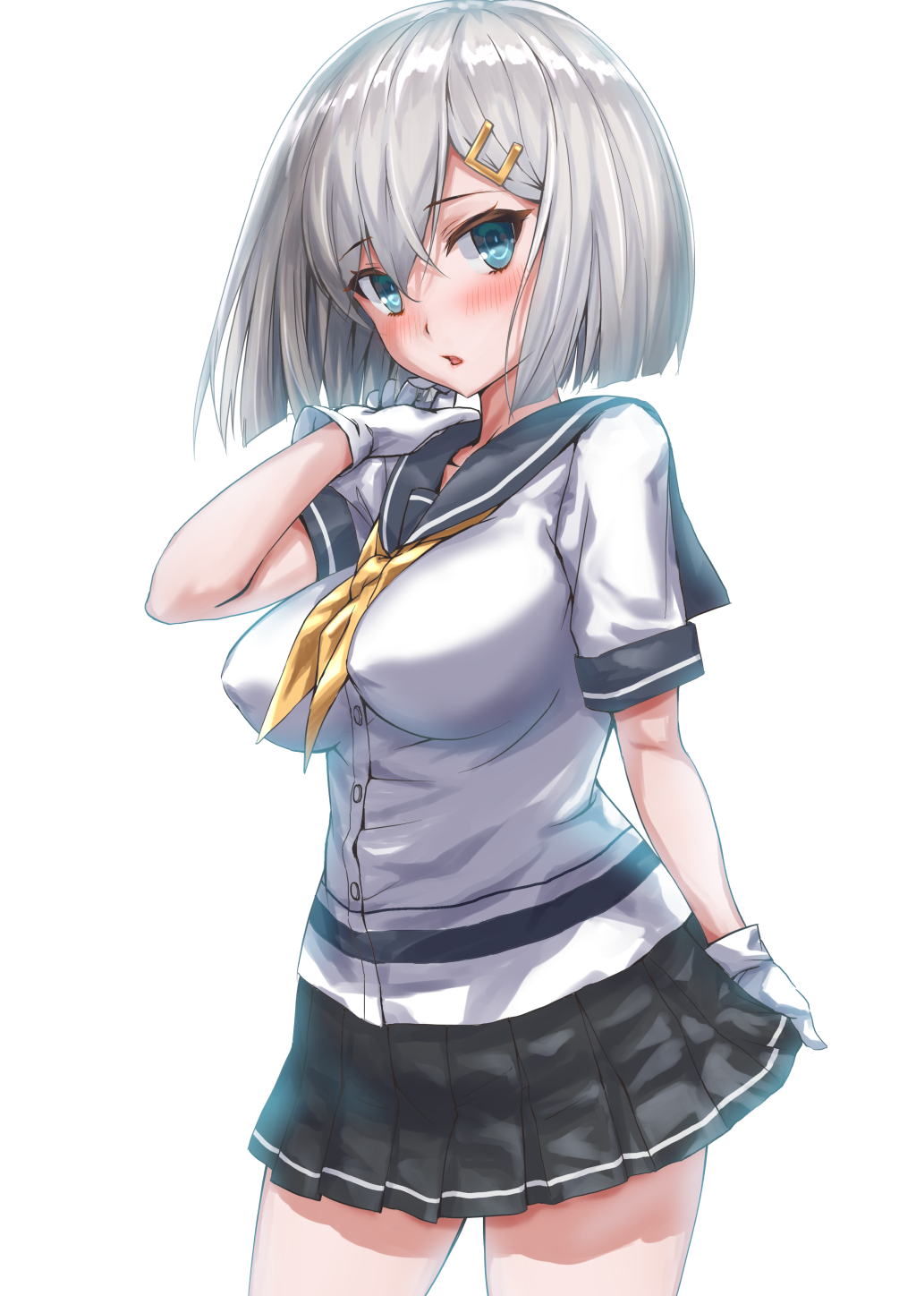 1girl black_skirt blue_eyes blush breasts eyebrows_visible_through_hair gloves grey_hair hair_between_eyes hair_ornament hairclip hamakaze_(kantai_collection) highres kantai_collection kyo_(kyo21413) large_breasts looking_at_viewer miniskirt neckerchief open_mouth revision school_uniform serafuku short_hair simple_background skirt solo white_background white_gloves yellow_neckwear