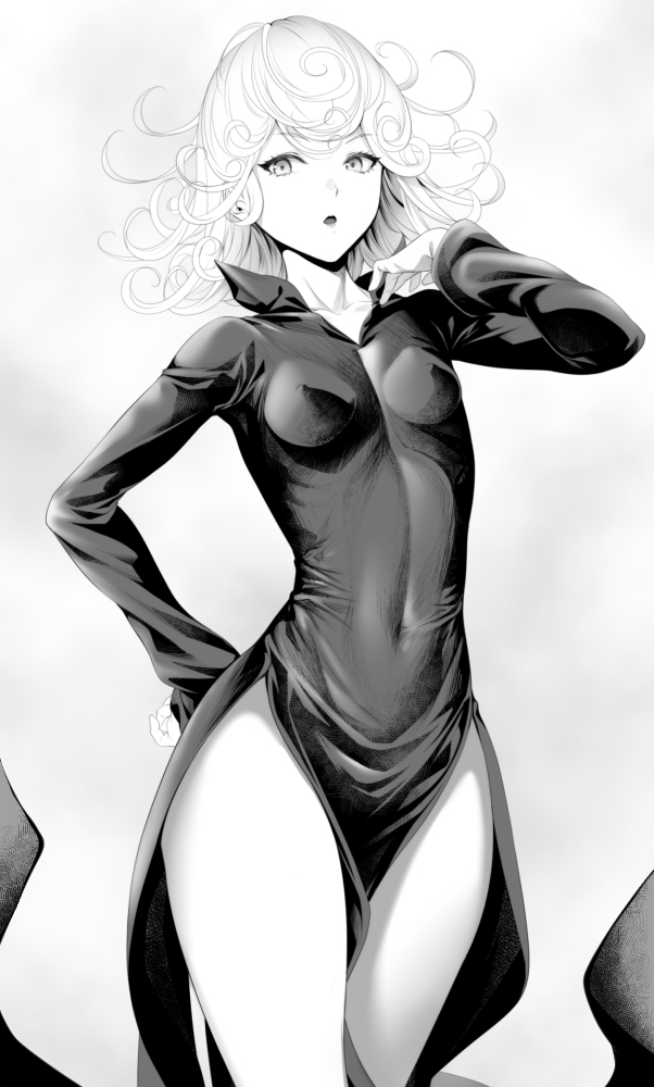 1girl bangs breasts covered_navel curly_hair dress flipped_hair greyscale long_sleeves looking_at_viewer monochrome one-punch_man open_mouth short_hair side_slit small_breasts tatsumaki thighs zucchini