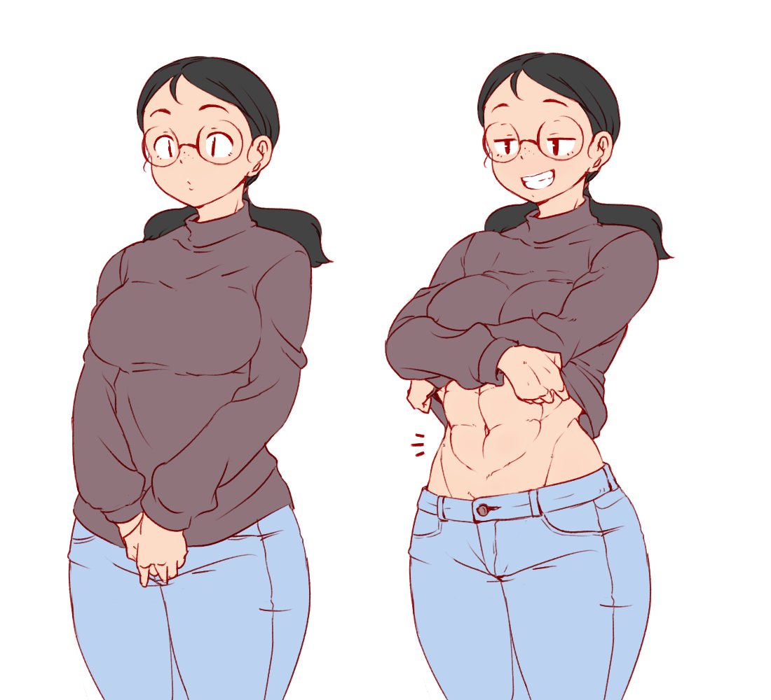 0721kin29n 1girl abs black_hair blue_pants breasts commentary_request glasses grin half-closed_eyes long_hair low_ponytail multiple_views muscular muscular_female navel original pants shirt_lift simple_background smile smug standing sweater undressing white_background
