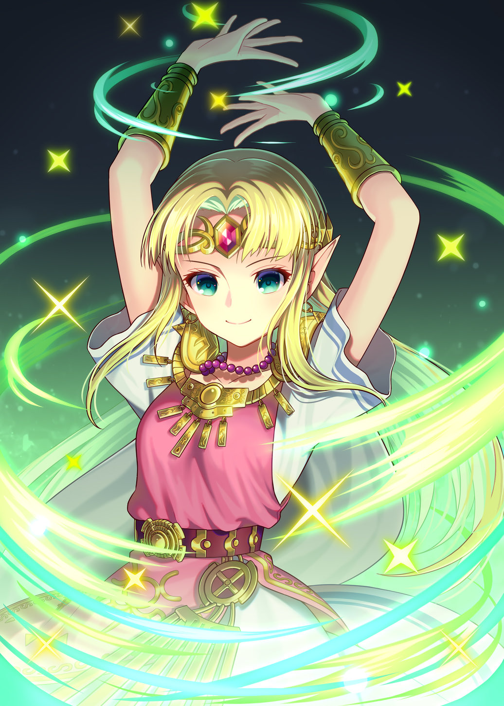 1girl armor arms_up bangs belt blonde_hair bracer circlet closed_mouth collared_shirt dress earrings forehead_jewel gem gradient gradient_background green_background highres jewelry long_hair minamo25 parted_bangs pauldrons pointy_ears princess_zelda ruby_(gemstone) shirt short_sleeves shoulder_armor sidelocks smile solo sparkle straight_hair super_smash_bros. tabard the_legend_of_zelda the_legend_of_zelda:_a_link_between_worlds the_legend_of_zelda:_a_link_to_the_past very_long_hair white_dress