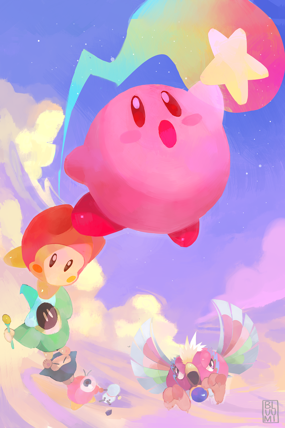 :o bluumi character_request clouds cloudy_sky commentary english_commentary highres kirby kirby_(series) kirby_super_star outdoors signature sky star_(sky) starry_sky tagme waddle_dee