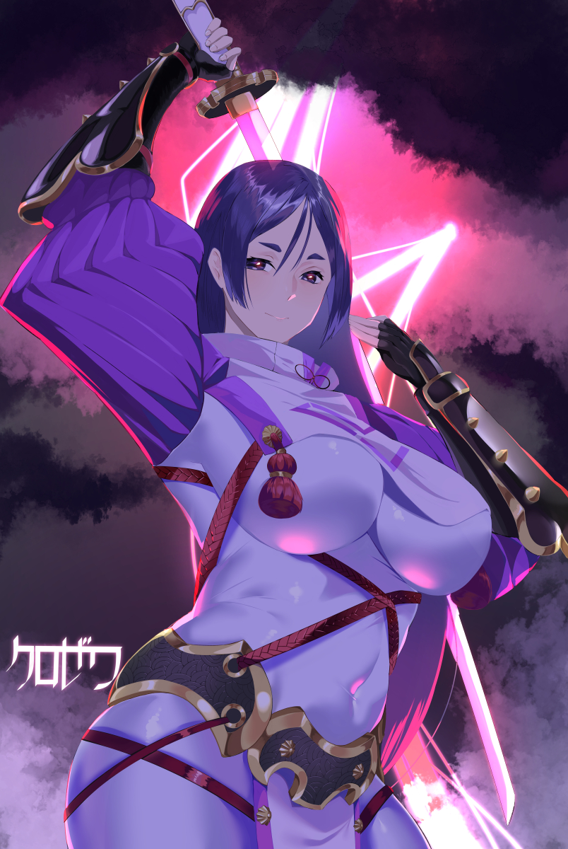 1girl arm_up bangs black_gloves bodysuit breasts covered_navel curvy fate/grand_order fate_(series) fingerless_gloves gloves highres katana kurosawa_rui_(hjkl42332) large_breasts long_hair minamoto_no_raikou_(fate/grand_order) parted_bangs purple_bodysuit purple_hair ribbed_sleeves rope sword tabard very_long_hair violet_eyes weapon