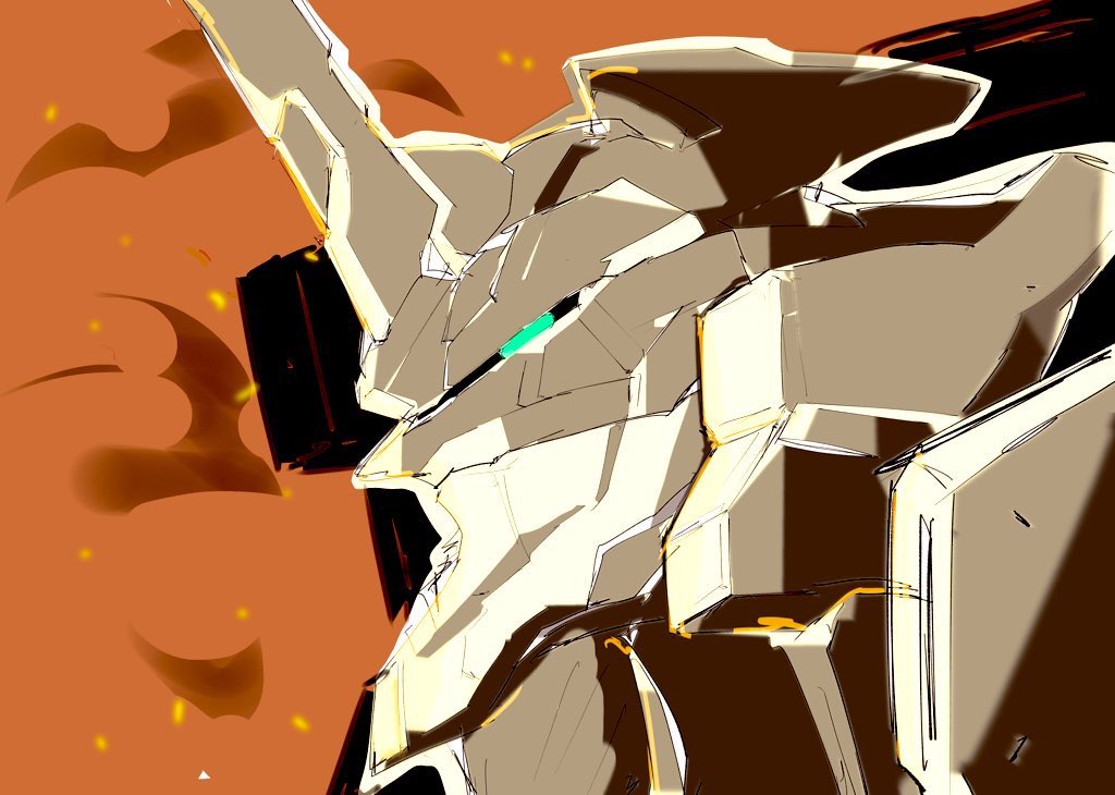 blue_eyes embers eva_01 from_side fusion gundam gundam_unicorn horns kuroiwa_cookie looking_ahead mecha neon_genesis_evangelion science_fiction single_horn smoke solo unicorn_gundam