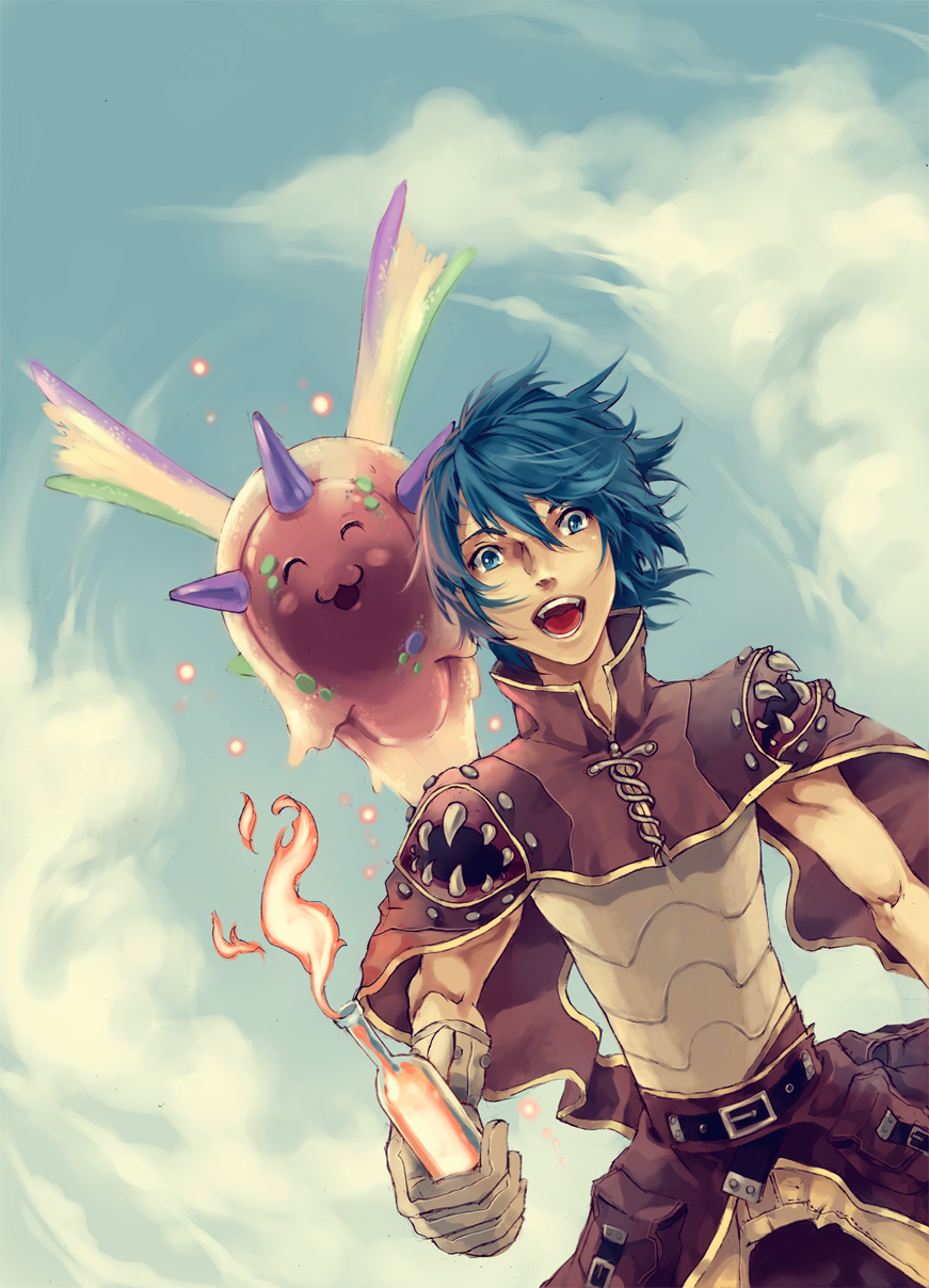 1boy :3 armor bangs belt blue_hair blue_sky bottle breastplate brown_belt brown_cape brown_pants cape clouds cowboy_shot creator_(ragnarok_online) fire green_eyes highres holding holding_bottle horns living_clothes looking_at_viewer open_mouth pants ragnarok_online sairin short_hair sky teeth tongue vanilmirth_(ragnarok_online) wings