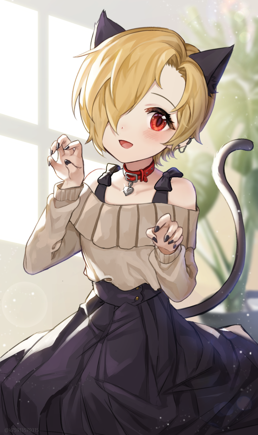 1girl :d animal_ear_fluff animal_ears bangs bare_shoulders black_nails black_skirt blush cat_ears cat_girl cat_tail claw_pose collar collarbone commentary ear_piercing glint grey_sweater hair_over_one_eye hands_up heart_collar highres idolmaster idolmaster_cinderella_girls indoors kemonomimi_mode lerome looking_at_viewer nail_polish off-shoulder_sweater off_shoulder open_mouth piercing red_collar red_eyes shirasaka_koume short_hair skirt smile solo sweater symbol_commentary tail tail_raised