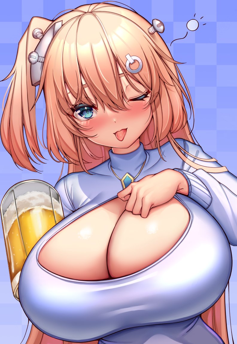 1girl alcohol android beer beer_mug blue_eyes blush breasts checkered checkered_background cleavage_cutout clothing_cutout cup english_commentary grey_sweater hair_ornament hime_hajime holding holding_cup huge_breasts impossible_clothes kaptivate mug one_eye_closed power_symbol pulling screw_in_head side_ponytail solo sweater tongue tongue_out virtual_youtuber vshojo