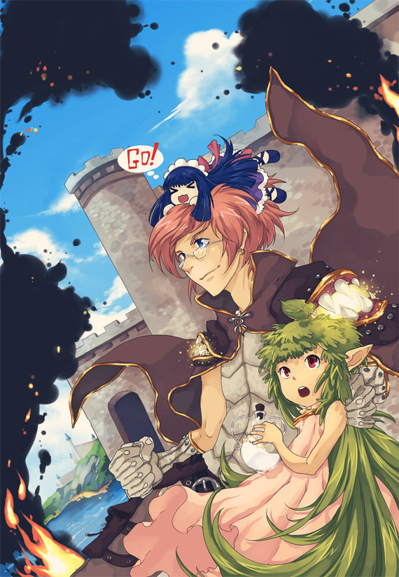 &gt;_&lt; 1boy 2girls alice_(ragnarok_online) armor belt blue_dress blue_eyes blue_sky breastplate brown_belt brown_cape brown_pants cape castle clenched_hand closed_mouth clouds cowboy_shot creator_(ragnarok_online) dress dutch_angle fire frilled_dress frills glasses gloves green_hair hand_on_another's_neck lif_(ragnarok_online) living_clothes long_hair looking_to_the_side magic maid maid_headdress minigirl moat multiple_girls open_mouth pants pink_dress pink_hair plant_hair pointy_ears pouch ragnarok_online rectangular_eyewear red_eyes sairin short_hair sky smoke teeth thought_bubble water white_gloves