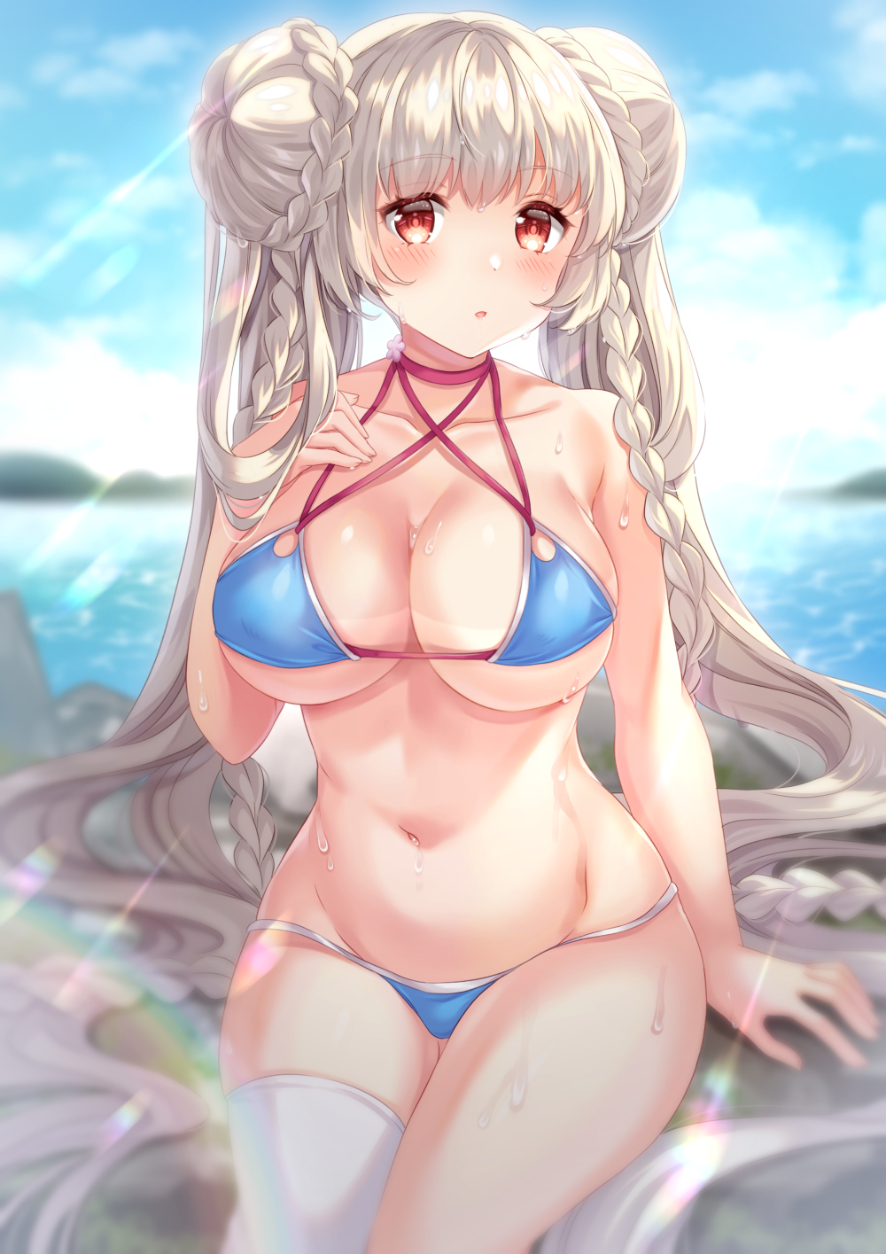 1girl absurdly_long_hair aqua_bikini azur_lane bikini blue_bikini blue_sky braid braided_bun breasts choker criss-cross_halter double_bun formidable_(azur_lane) formidable_(the_lady_of_the_beach)_(azur_lane) hair_between_eyes halterneck hand_on_own_chest highres large_breasts long_hair multi-strapped_bikini official_alternate_costume pink_choker platinum_blonde_hair red_eyes shizuki_aya single_thighhigh sitting sky solo string_bikini sweat swimsuit tan tanline thigh-highs very_long_hair water white_legwear