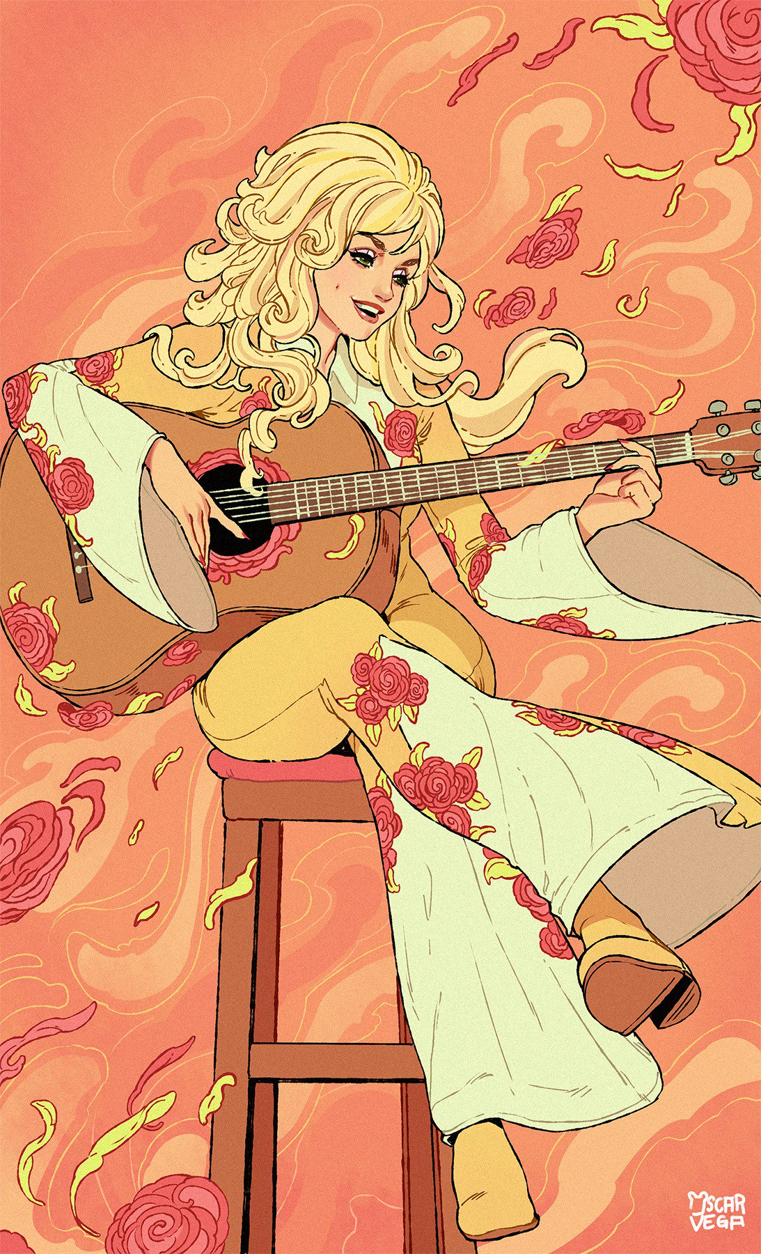 1girl abstract_background big_hair blonde_hair dolly_parton flower full_body guitar highres instrument long_hair long_sleeves music open_mouth oskar_vega playing_instrument real_life red_flower shoes signature sitting smile solo stool wide_sleeves yellow_footwear