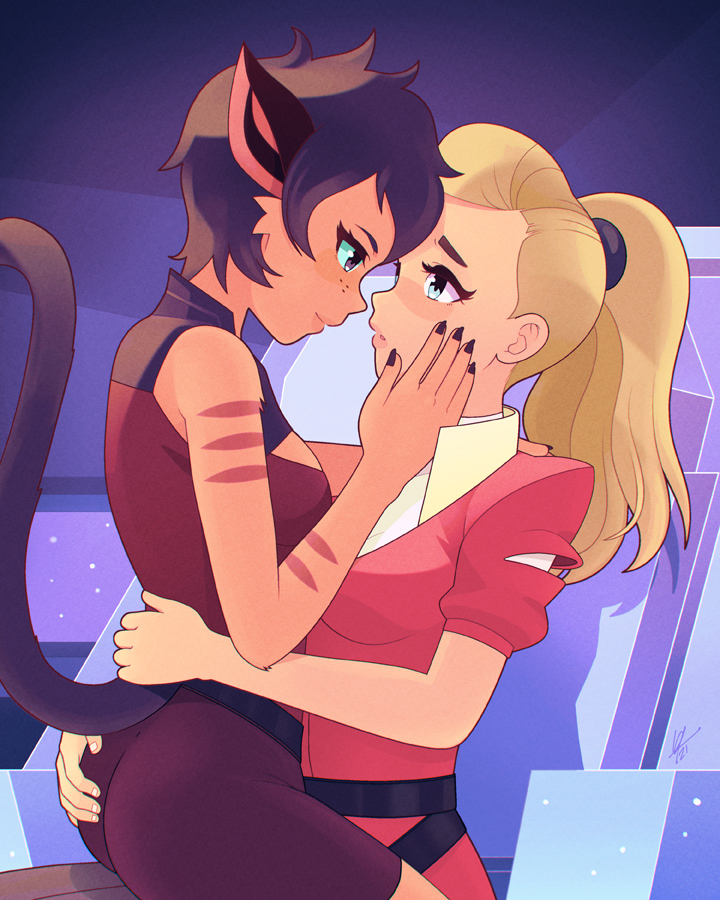 2girls adora_(she-ra) animal_ears arm_around_waist ass ass_grab blonde_hair blue_eyes cat_ears cat_girl cat_tail catra eye_contact fingernails freckles green_eyes hand_on_another's_face looking_at_another louis_lloyd-judson masters_of_the_universe multiple_girls ponytail sharp_fingernails she-ra_and_the_princesses_of_power short_hair smile tail very_short_hair yuri