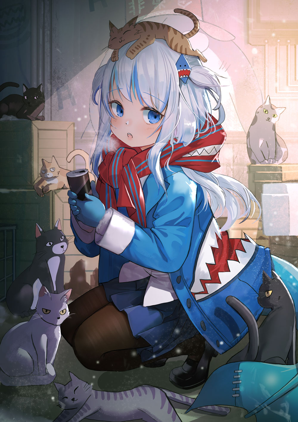 1girl animal_hood animal_on_head bloop_(gawr_gura) blue_eyes cat cat_on_head coffee crate fish_tail fuyouchu gawr_gura highres hololive hololive_english hood looking_at_viewer on_head scarf shark_hood shark_tail skirt tail thigh-highs tied_hair twintails virtual_youtuber