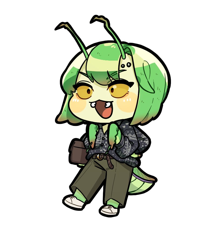 :3 :d antennae belt black_eyes black_sweater blush blush_stickers brown_bag brown_pants colored_sclera colored_skin extra_arms full_body green_hair green_skin insect_girl mantis-chan_(sparrowl) mantis_girl medium_hair monster_girl multicolored multicolored_skin open_mouth original pants simple_background smile sparrowl suitcase sweater two-tone_skin white_background yellow_sclera yellow_skin