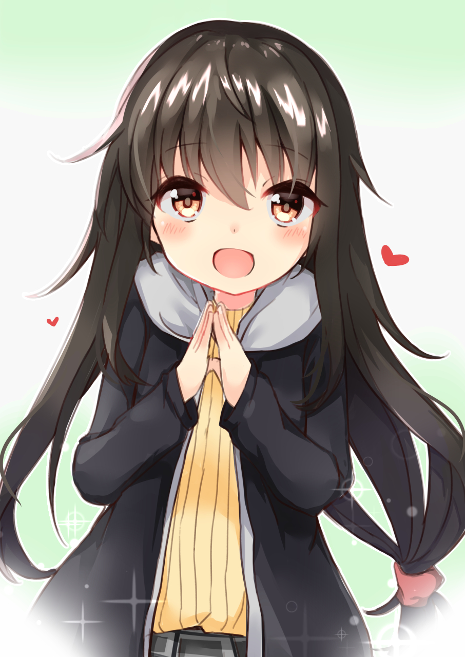 1girl :d bangs black_hair black_jacket blush brown_eyes brown_shirt commentary_request eyebrows_visible_through_hair gradient gradient_background green_background hair_between_eyes hands_up hatsushimo_(kantai_collection) heart highres hood hood_down hooded_jacket jacket kantai_collection long_hair long_sleeves looking_at_viewer open_clothes open_jacket open_mouth ribbed_shirt shirt smile solo sou_(soutennkouchi) steepled_fingers very_long_hair white_background