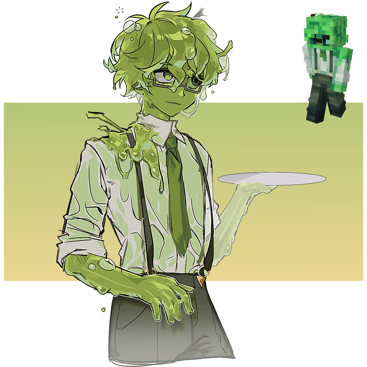 1boy bangs colored_skin dream_smp glasses green_hair green_skin green_theme highres holding holding_plate in_nyeo minecraft monster_boy necktie pants plate shirt short_hair slime_(substance) slime_boy slimecicle solo suspenders