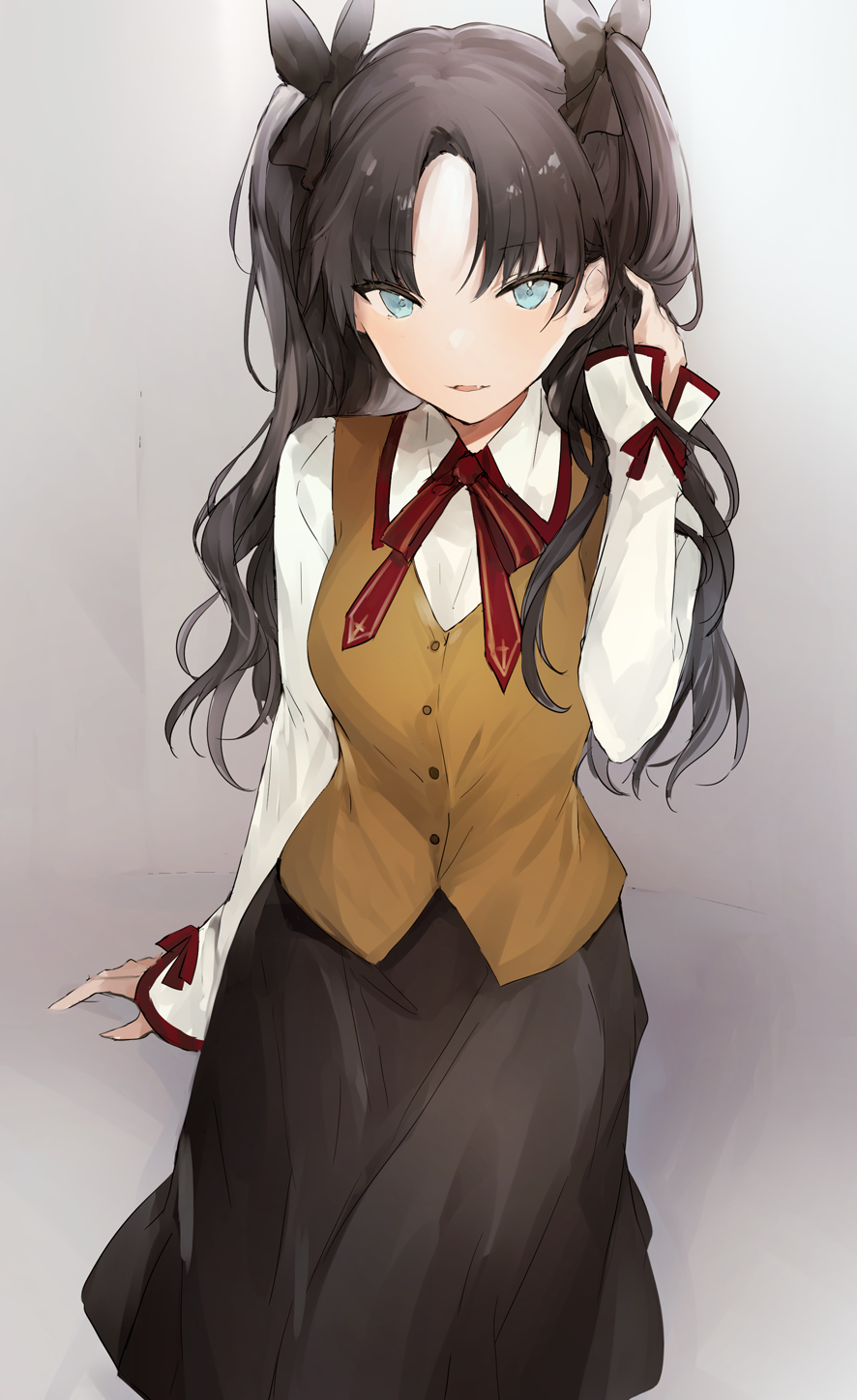 1girl adjusting_hair bangs black_bow black_hair black_skirt blush bow breasts brown_vest collared_shirt cowboy_shot cross_print fate/stay_night fate_(series) gradient gradient_background green_eyes grey_background hair_bow highres homurahara_academy_uniform long_sleeves looking_at_viewer lpip medium_breasts neck_ribbon open_mouth parted_lips pleated_skirt red_ribbon ribbon shirt simple_background skirt smile solo tohsaka_rin twintails vest white_background white_shirt