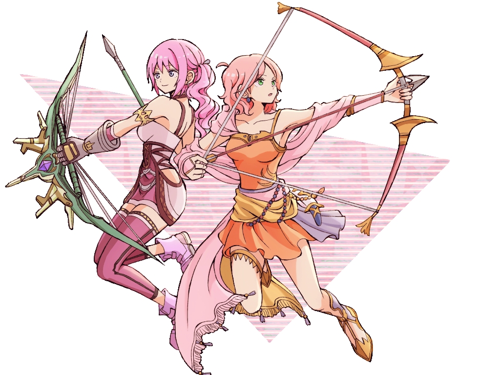 2girls arrow_(projectile) boots bow_(weapon) bridal_gauntlets dissidia_final_fantasy dissidia_final_fantasy_opera_omnia final_fantasy final_fantasy_v final_fantasy_xiii final_fantasy_xiii-2 gloves ichi_(pixiv6373491) lenna_charlotte_tycoon multiple_girls pink_hair serah_farron shawl side_ponytail skirt thigh-highs weapon