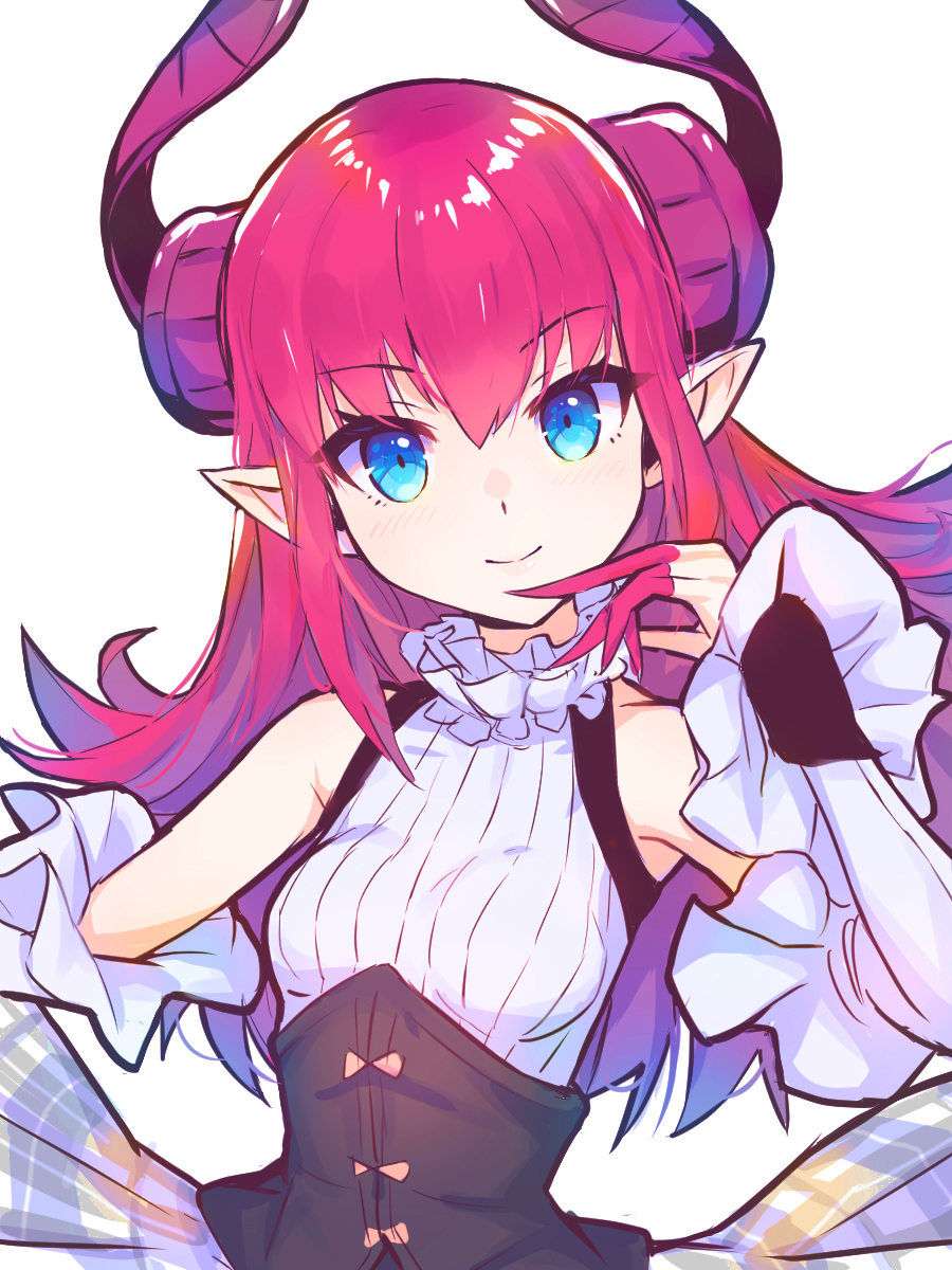 1girl blue_eyes breasts collar corset curled_horns detached_sleeves dragon_horns elizabeth_bathory_(fate) elizabeth_bathory_(second_ascension)_(fate) fate/grand_order fate_(series) finger_cots frilled_collar frills highres horns long_hair looking_at_viewer pink_hair plaid plaid_skirt pointy_ears simple_background sketch skirt small_breasts smile solo upper_body white_background yako_noir_(kei-ne)