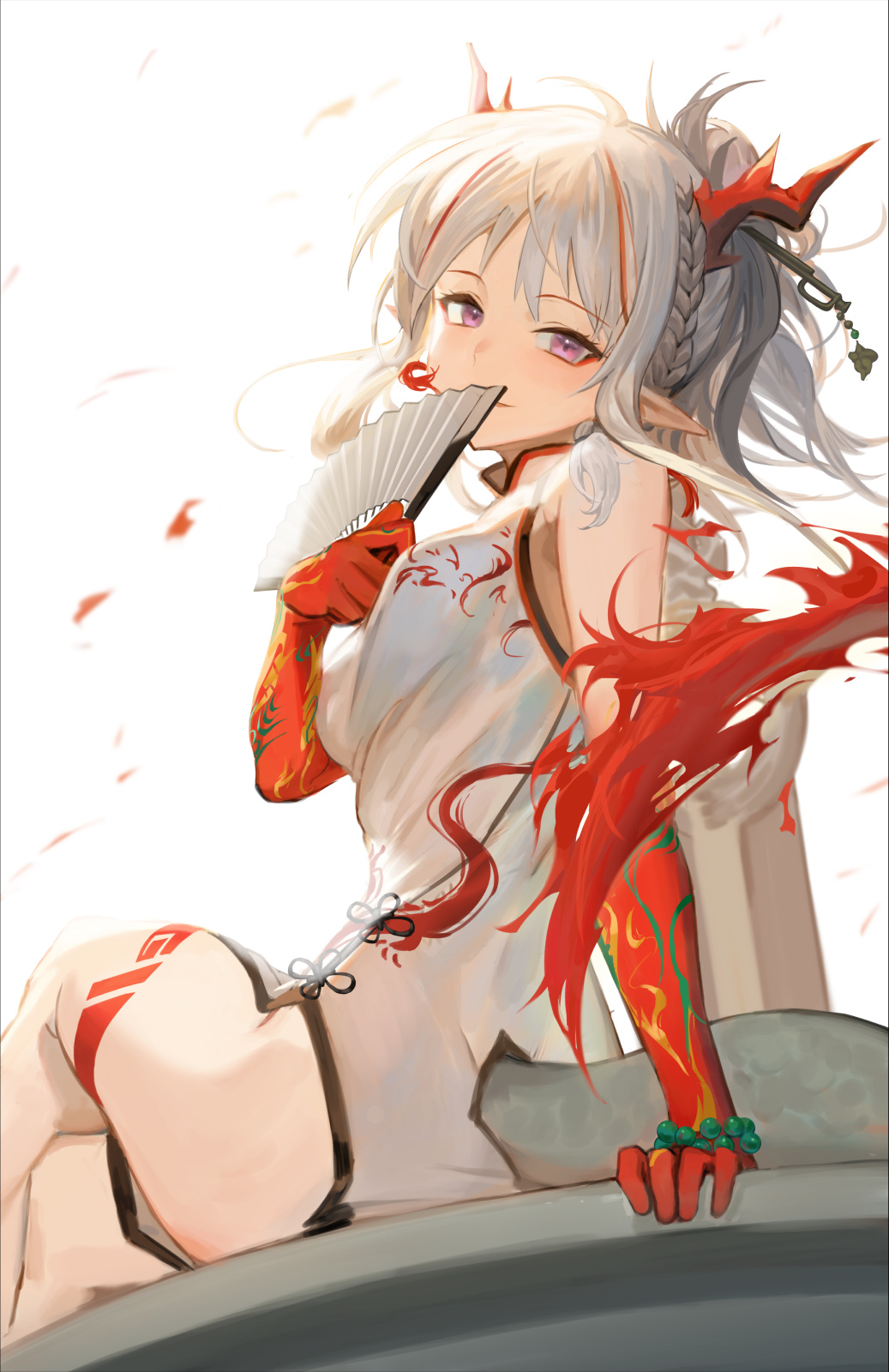 1girl arknights bare_shoulders bead_bracelet beads bracelet braid breasts china_dress chinese_clothes dragon_horns dragon_tail dress ecien fan fire folding_fan hair_ornament hairpin highres holding horns jewelry long_hair looking_at_viewer medium_breasts multicolored_hair nian_(arknights) nian_(unfettered_freedom)_(arknights) parted_lips pelvic_curtain pointy_ears ponytail sidelocks silver_hair sitting sleeveless sleeveless_dress smile solo streaked_hair tail tattoo thigh_tattoo thighs violet_eyes white_dress