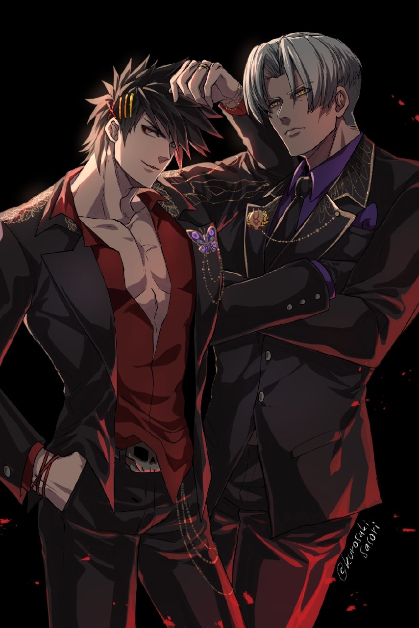 2boys belt black_hair black_pants blazer brooch butterfly_brooch collared_shirt contemporary crossed_arms formal green_eyes hades_(game) hair_ornament hairclip hand_in_pocket heterochromia highres jacket jewelry kurosaki_sasori male_focus multiple_boys necktie pants red_eyes shirt smile suit thanatos_(hades) twitter_username unbuttoned unbuttoned_shirt white_hair x_hair_ornament yellow_eyes zagreus_(hades)