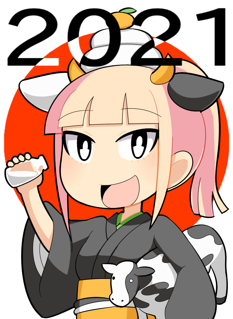 1girl 2021 :d alternate_hair_length alternate_hairstyle animal_ears bangs black_eyes black_kimono blonde_hair blunt_bangs bottle carrying_under_arm chibi chinese_zodiac commentary_request cow_ears eyebrows_visible_through_hair fake_animal_ears food food_on_head fruit fruit_on_head grey_background hand_up happy holding holding_bottle hospital_king japanese_clothes katou_asuka kimono long_sleeves looking_at_viewer mandarin_orange milk milk_bottle number obi object_on_head open_mouth ponytail red_background sash short_hair smile solo stuffed_cow two-tone_background upper_body watashi_ga_motenai_no_wa_dou_kangaetemo_omaera_ga_warui! wide_sleeves year_of_the_ox yellow_sash