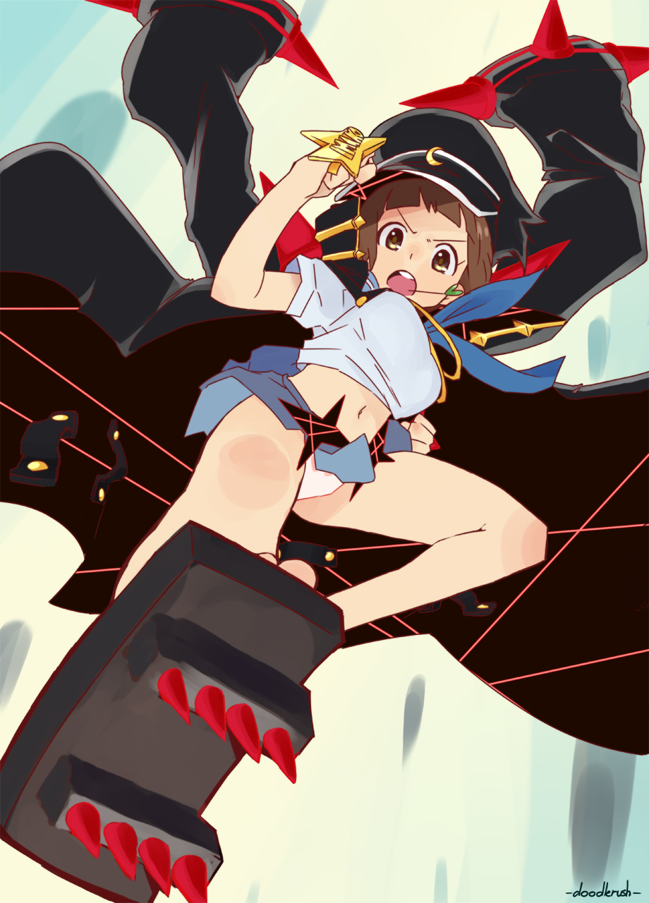 1girl black_coat blue_skirt brass_knuckles breasts brown_eyes brown_hair coat coat_on_shoulders doodlerush flying_kick geta highres holding kicking kill_la_kill large_breasts looking_at_viewer mankanshoku_mako miniskirt navel open_clothes open_coat open_mouth panties pantyshot round_teeth short_sleeves signature skirt solo spiked_footwear stalk_in_mouth teeth underwear upper_teeth weapon white_panties