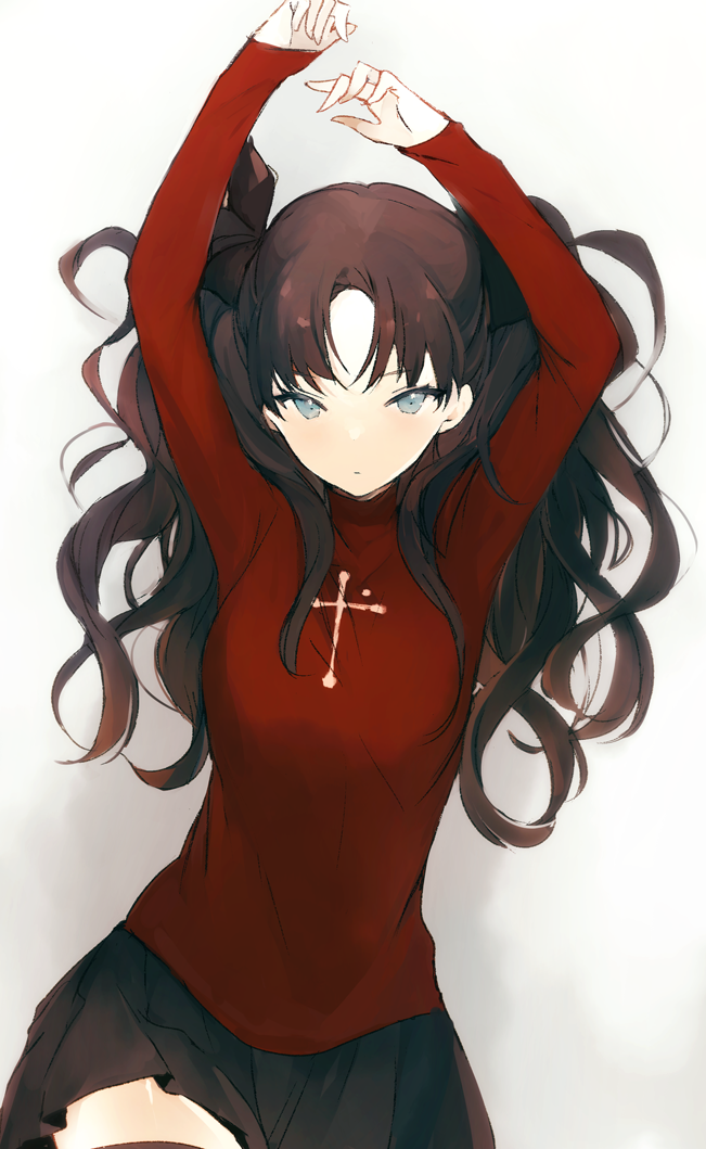 1girl arms_up bangs black_hair black_legwear black_skirt blue_eyes breasts closed_mouth cross fate/stay_night fate_(series) grey_background hair_ribbon long_hair long_sleeves lpip red_sweater ribbon simple_background skirt solo sweater thigh-highs tohsaka_rin two_side_up