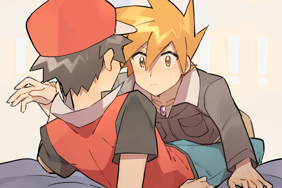 2boys baseball_cap blue_oak blush brown_eyes brown_hair brown_pants closed_mouth collarbone commentary green_pants grey_jacket hat jacket jewelry long_sleeves looking_at_another male_focus multiple_boys necklace orange_hair pants pokemon pokemon_(game) pokemon_hgss rata_(m40929) red_(pokemon) red_headwear short_hair short_sleeves spiky_hair