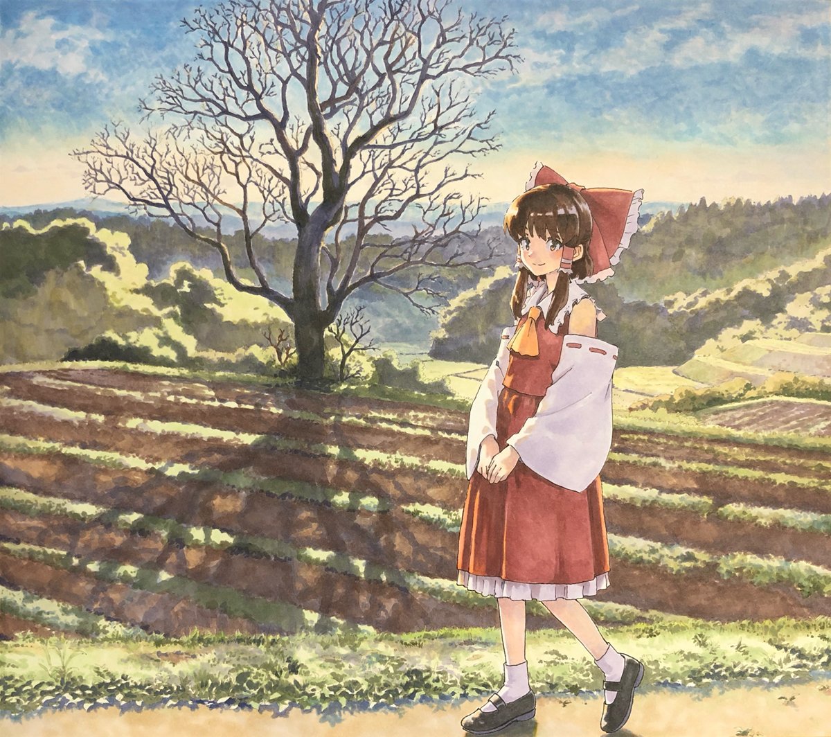 1girl ascot bangs bare_tree blush bow brown_eyes brown_hair bush closed_mouth clouds collared_shirt commentary_request crossed_legs detached_sleeves farm field frilled_bow frilled_shirt_collar frilled_skirt frills full_body hair_bow hair_tubes hakurei_reimu long_skirt looking_at_viewer mountainous_horizon outdoors own_hands_together path red_bow red_shirt ribbon-trimmed_sleeves ribbon_trim rice_paddy shadow shiratama_(hockey) shirt short_hair sidelocks skirt skirt_set sky sleeveless sleeveless_shirt smile solo tareme touhou traditional_media tree walking watson_cross yellow_neckwear