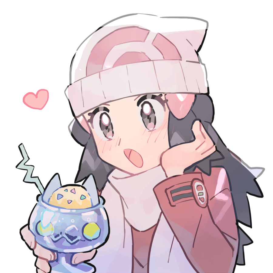 1girl beanie black_hair blush coat commentary hikari_(pokemon) drinking_straw eyelashes grey_eyes hair_ornament hairclip hands_up hat heart holding long_sleeves open_mouth pokemon pokemon_(game) pokemon_dppt pokemon_platinum rata_(m40929) red_coat scarf solo tongue upper_body white_headwear white_scarf