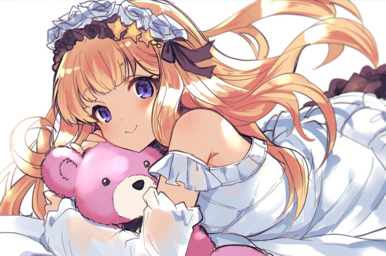 1girl :&gt; armband bare_shoulders black_ribbon blonde_hair blue_eyes blush cagliostro_(granblue_fantasy) commentary dress elbow_gloves fingerless_gloves frilled_armband frilled_dress frills gloves granblue_fantasy hair_ornament hair_ribbon headdress holding holding_stuffed_toy long_hair looking_at_viewer lying nozomu144 on_stomach ribbon simple_background smile solo star_(symbol) star_hair_ornament stuffed_animal stuffed_toy symbol_commentary teddy_bear upper_body white_background white_dress white_gloves