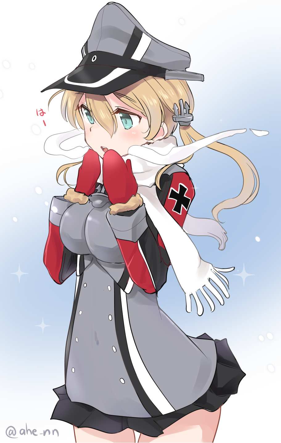 1girl ahenn aqua_eyes black_skirt blonde_hair blush breasts cowboy_shot eyebrows_visible_through_hair hair_between_eyes hat highres kantai_collection large_breasts long_hair long_sleeves low_twintails military military_hat military_uniform mittens open_mouth peaked_cap pleated_skirt prinz_eugen_(kantai_collection) scarf skirt solo twintails twitter_username uniform white_scarf