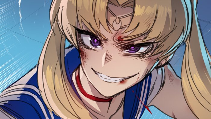 1girl bangs bishoujo_senshi_sailor_moon blonde_hair blood blood_on_face blood_stain choker circlet collarbone derivative_work furrowed_eyebrows grin hair_over_shoulder jewelry long_hair meme mr._skull red_choker sailor_collar sailor_moon sailor_moon_redraw_challenge sailor_senshi_uniform screencap_redraw smile solo teeth tsukino_usagi twintails violet_eyes