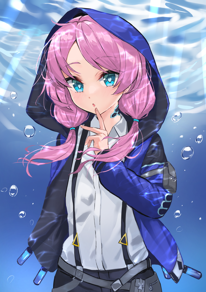 1girl :o air_bubble arknights bangs blue_eyes blue_jacket blue_poison_(arknights) blush bubble collared_shirt commentary_request eyebrows_visible_through_hair finger_to_mouth highres hood hood_up hooded_jacket jacket kuronosu_(yamada1230) long_sleeves looking_at_viewer low_twintails open_clothes open_jacket open_mouth pink_hair shirt solo suspenders swept_bangs twintails underwater upper_body white_shirt