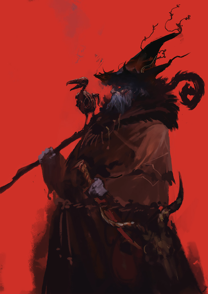 1boy animal_skull beard bird brown_cloak brown_headwear cloak facial_hair hat holding holding_staff holding_sword holding_weapon male_focus old old_man original red_background red_eyes red_theme ryota-h simple_background skeleton solo staff sword weapon wizard