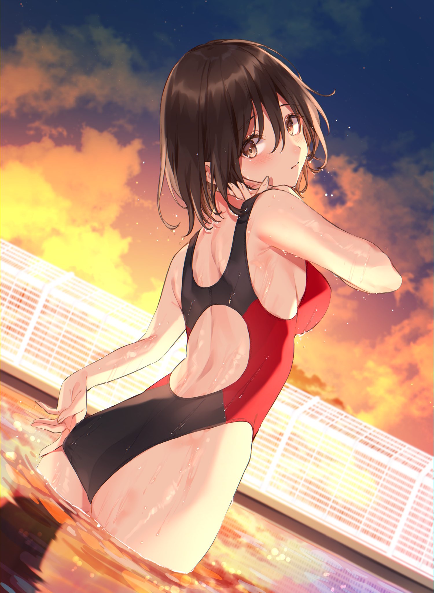 1girl adjusting_clothes adjusting_swimsuit ass back back_cutout bangs black_swimsuit blush breasts brown_eyes brown_hair clothing_cutout clouds competition_swimsuit dripping dutch_angle evening fence from_behind gradient_sky hair_between_eyes hand_up harui_(hr_x9_) head_tilt highleg highleg_swimsuit highres looking_at_viewer looking_back multicolored multicolored_clothes multicolored_swimsuit one-piece_swimsuit original outdoors pool red_swimsuit short_hair shoulder_blades sky standing sunset swimsuit wading water water_drop wet wet_clothes wet_hair wet_swimsuit
