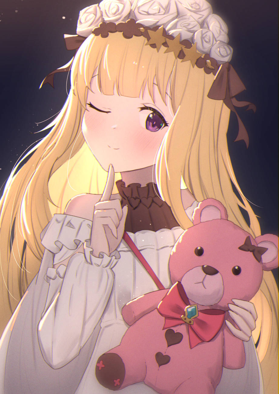 1girl ;) bangs bare_shoulders black_shirt blonde_hair blush bow cagliostro_(granblue_fantasy) closed_mouth commentary_request dress eyebrows_behind_hair finger_to_mouth flower granblue_fantasy hair_flower hair_ornament hand_up heart highres long_hair long_sleeves looking_at_viewer off-shoulder_dress off_shoulder one_eye_closed red_bow revision rose shirt shushing sleeveless sleeveless_shirt sleeves_past_wrists smile solo stuffed_animal stuffed_toy teddy_bear uneg upper_body violet_eyes white_dress white_flower white_rose