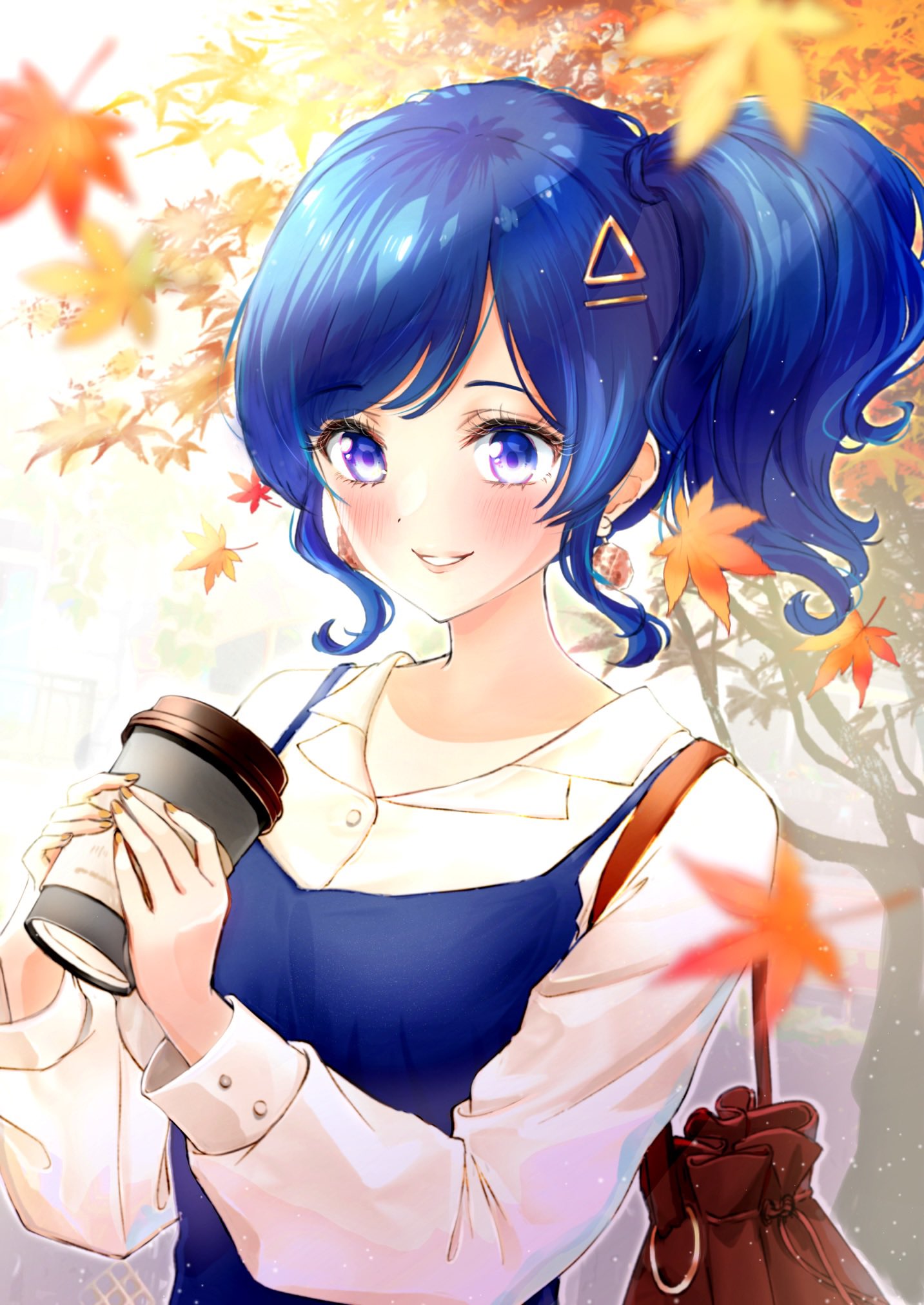 1girl aikatsu! aikatsu!_(series) autumn autumn_leaves bag blue_dress blue_eyes blue_hair blurry blurry_background blush check_commentary close-up coffee_cup collared_shirt commentary_request cup disposable_cup dress earrings eyebrows_visible_through_hair falling_leaves gem hair_ornament hairpin highres holding holding_cup hoshina_hoshimi jewelry kiriya_aoi leaf lipstick long_hair long_sleeves looking_at_cup makeup maple_leaf maple_tree nail_polish parted_lips pink_lips satchel shirt side_ponytail sidelocks solo tree triangle_hair_ornament upper_body white_shirt yellow_nails