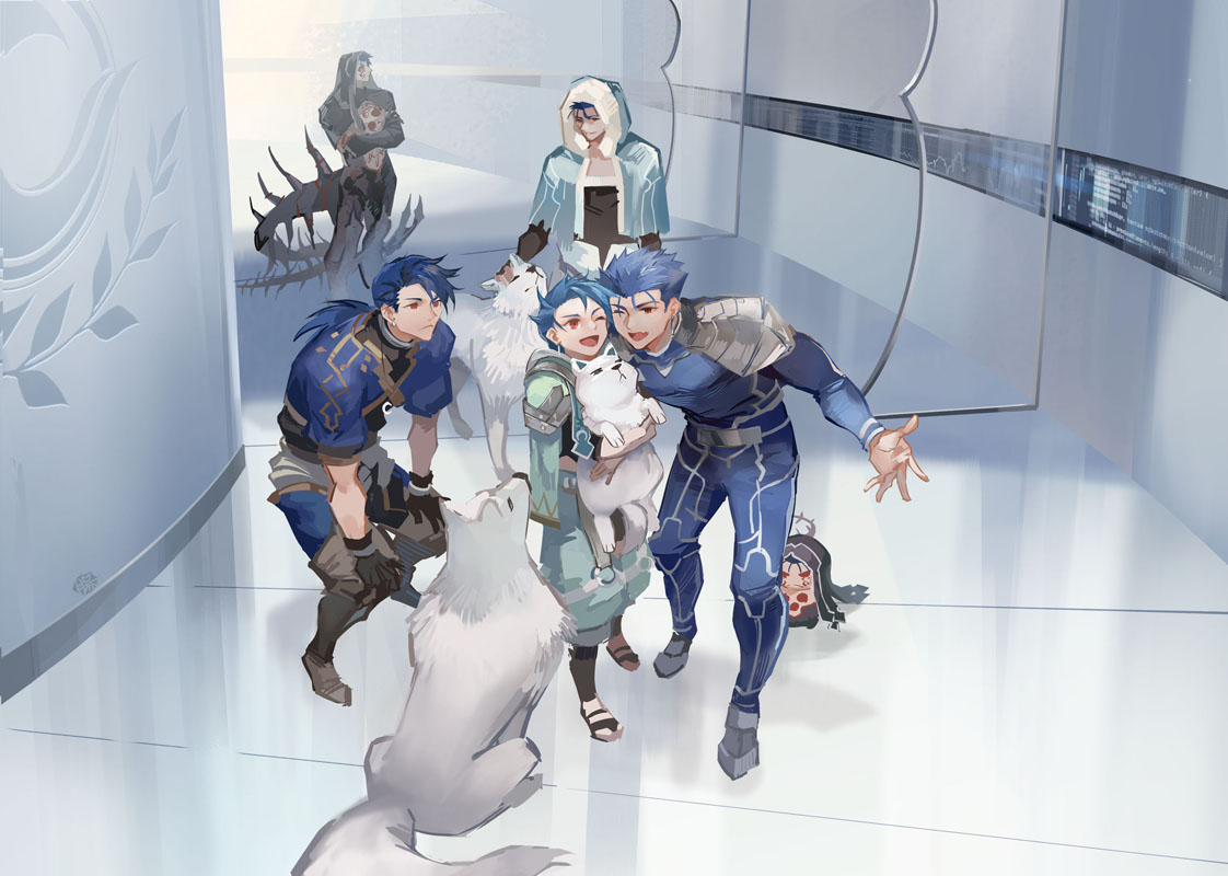 5boys animal armor asymmetrical_hair bent_over blue_hair bodypaint bodysuit bracelet capelet chaldea_logo chibi choker closed_mouth crossed_arms cu_chulainn_(fate)_(all) cu_chulainn_(fate/grand_order) cu_chulainn_(fate/prototype) cu_chulainn_alter_(fate/grand_order) dark_persona dog earrings facepaint fate/grand_order fate/grand_order_arcade fate/prototype fate/stay_night fate_(series) full_body fur-trimmed_hood fur_trim gloves guttia happy holding holding_animal hood hood_up hooded_capelet indoors jewelry lancer long_hair male_focus mini_cu-chan multiple_boys one_eye_closed open_mouth pants pauldrons petting ponytail puffy_pants puppy sandals short_sleeves shoulder_armor skin_tight smile spikes spiky_hair standing tail